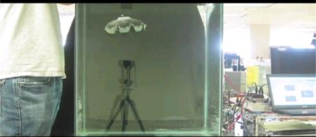 Fig1. Image extraite de la vidéo proposée plus bas montrant le robot se propulsant dans l’eau. Crédit University of Dallas, Texas et Virginia Tech.