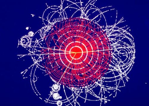 Figure 3.Simulation de la désintégration d'un boson de Higgs en 4 muons.<br />Cette image est la reconstitution d'un événement enregistré par les détecteurs de l'expérience ATLAS. Crédit CERN.
