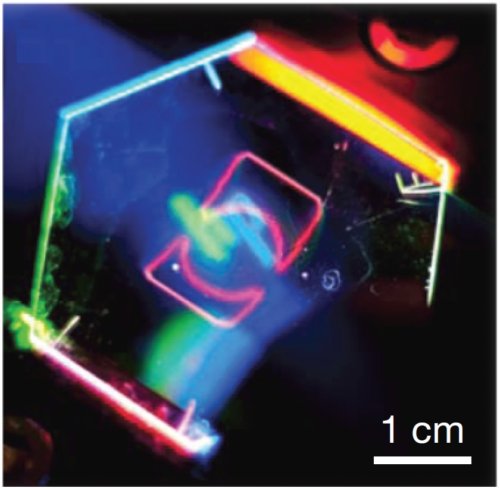 Fig.3. Image d'un prototype transparent avec un éclairage par 3 diodes donnant chacune une couleur primaire (rouge, vert, bleu). Bien sûr, la photo en deux dimensions ne rend l'impression de relief que par la perspective. 
