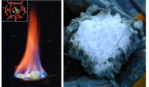Fig.2. A gauche "la glace qui s'enflamme" : la flamme est due à la combustion du méthane, relâché par la chaleur et issu de blocs de clathrate de méthane. A droite, structure spécifique, en" nid d'abeille" d'un bloc de clathrate de méthane.