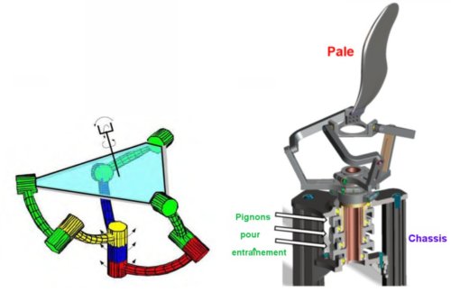 Fig. 3. A gauche: schéma du système d’articulation A droite: vue du mécanisme complet avec pale et engrenages. Crédit F. Noca. 