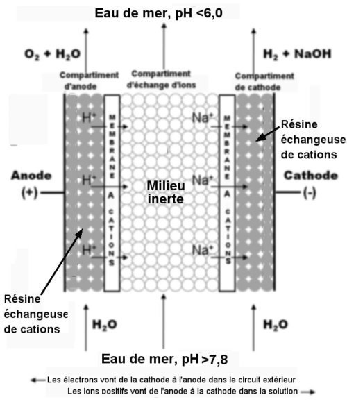 Fig.2. Schéma de la cellule d’acidification. L’eau de mer traverse le compartiment central et en ressort avec un pH diminué (acidification par les ions H+). De l’eau douce est injectée dans les compartiments d’anode et de cathode. Crédit Heather D. Willauer, Naval Research Laboratory.