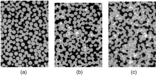 Fig.4. Micrographies aux rayons X de billes de polystyrène de 500 µm de diamètre mélangées à a) 1% de liquide b) 5% de liquide c) 10% de liquide 