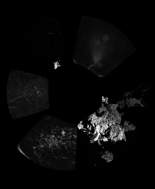 Fig.4. Vue panoramique du sol de la comète à l’endroit d’atterrissage de Philae. On distingue à droite deux des pieds de Philae. Crédit ESA 