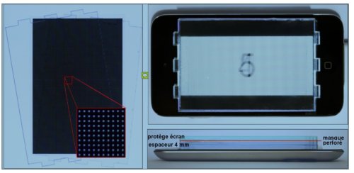 Fig. 2. Vue du prototype réalisé à partir d’une tablette numérique de 960x640 pixels. La barrière de parallaxe (à gauche) est constituée par un masque imprimé sur transparent présentant une matrice de micro-trous de 75 µm espacés de 390 µm. Elle est montée à 5,4 mm au-dessus de l’écran de la tablette (en bas à droite). En haut à droite, on voit la tablette ainsi équipée : deux chiffres sont émis dans deux directions différentes. Crédit B. A. Barsky. 