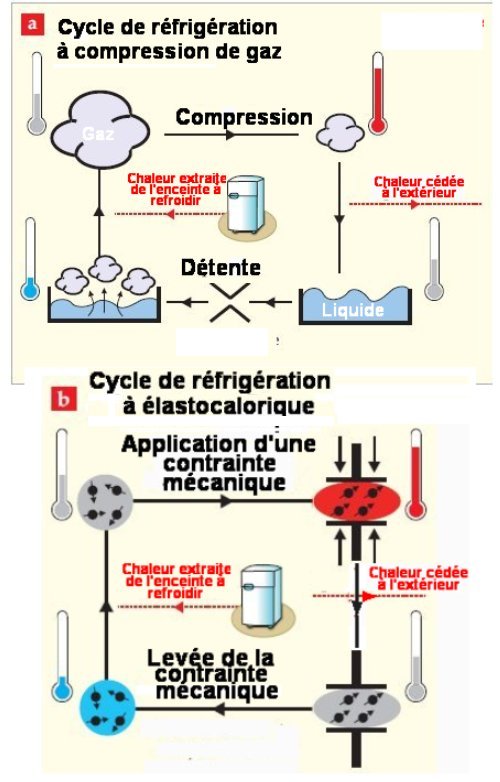Fig.1.Cycles de réfrigération a) Cycle classique de réfrigérateur à compresseur. Il utilise un changement d'état liquide-gaz déclenché par la compression. b) Cycle de réfrigérateur à élastocalorique. Il utilise le changement d'état constitué par le changement de forme au passage d'une température critique. Adapté de Solid-state cooling with caloric materials, Ichiro Takeuchi and Karl Sandeman, Phys. Today 68, 12, 48 (2015); avec autorisation.